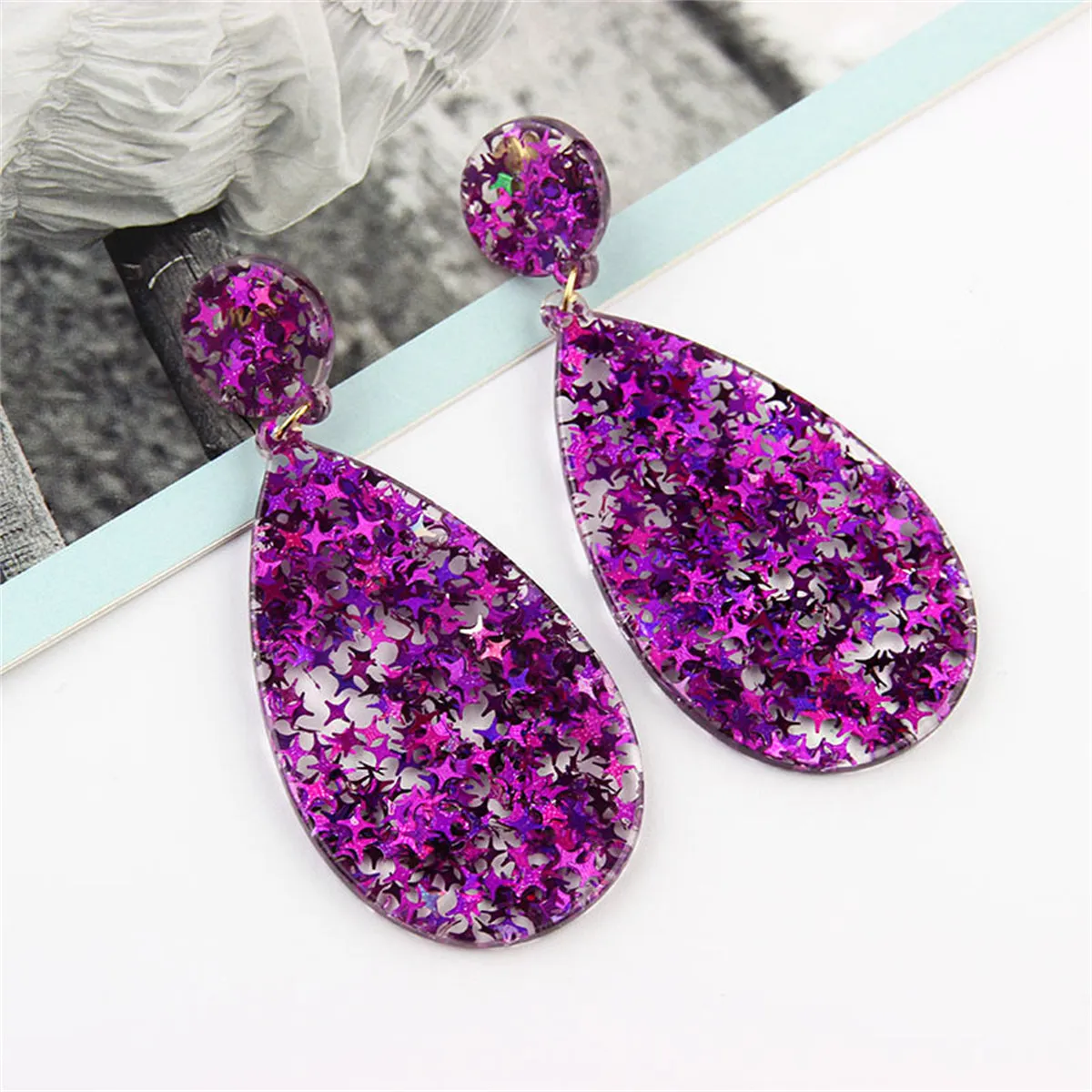 Purple Resin & 18K Gold-Plated Star Teardrop Earrings