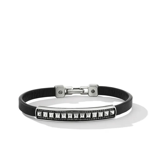Pyramid Black Leather ID Bracelet with Pavé Black Diamonds, Size Large