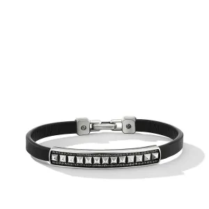 Pyramid Black Leather ID Bracelet with Pavé Black Diamonds, Size Large