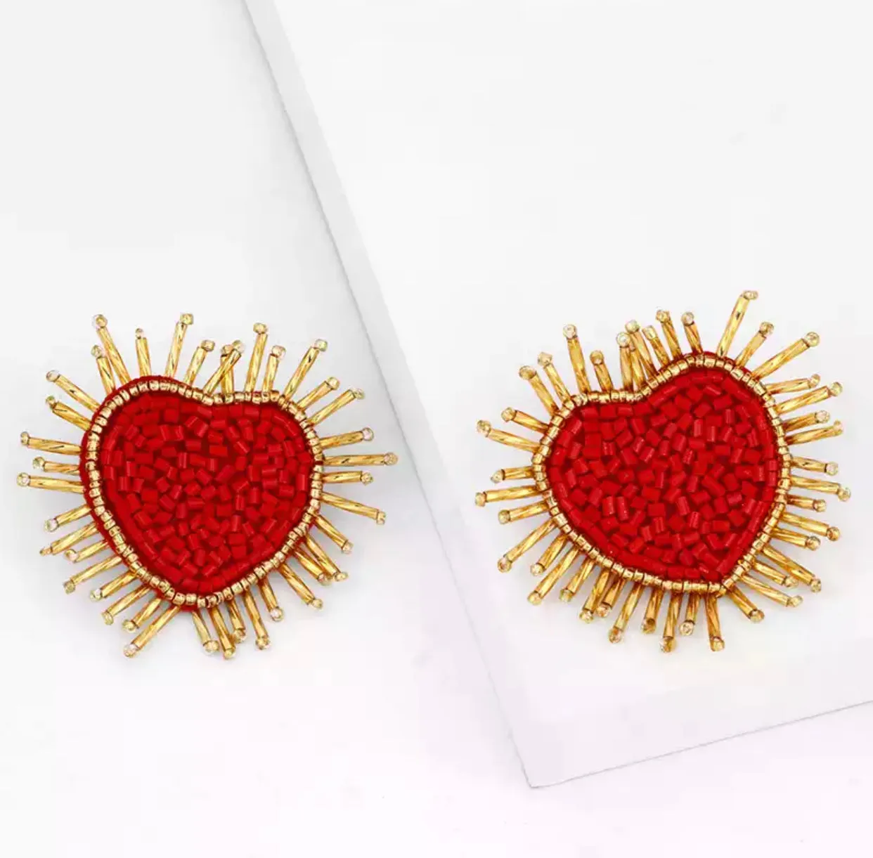 Radiating Beaded Heart Earrings with Gold Border 230-10 | Erika Williner Designs