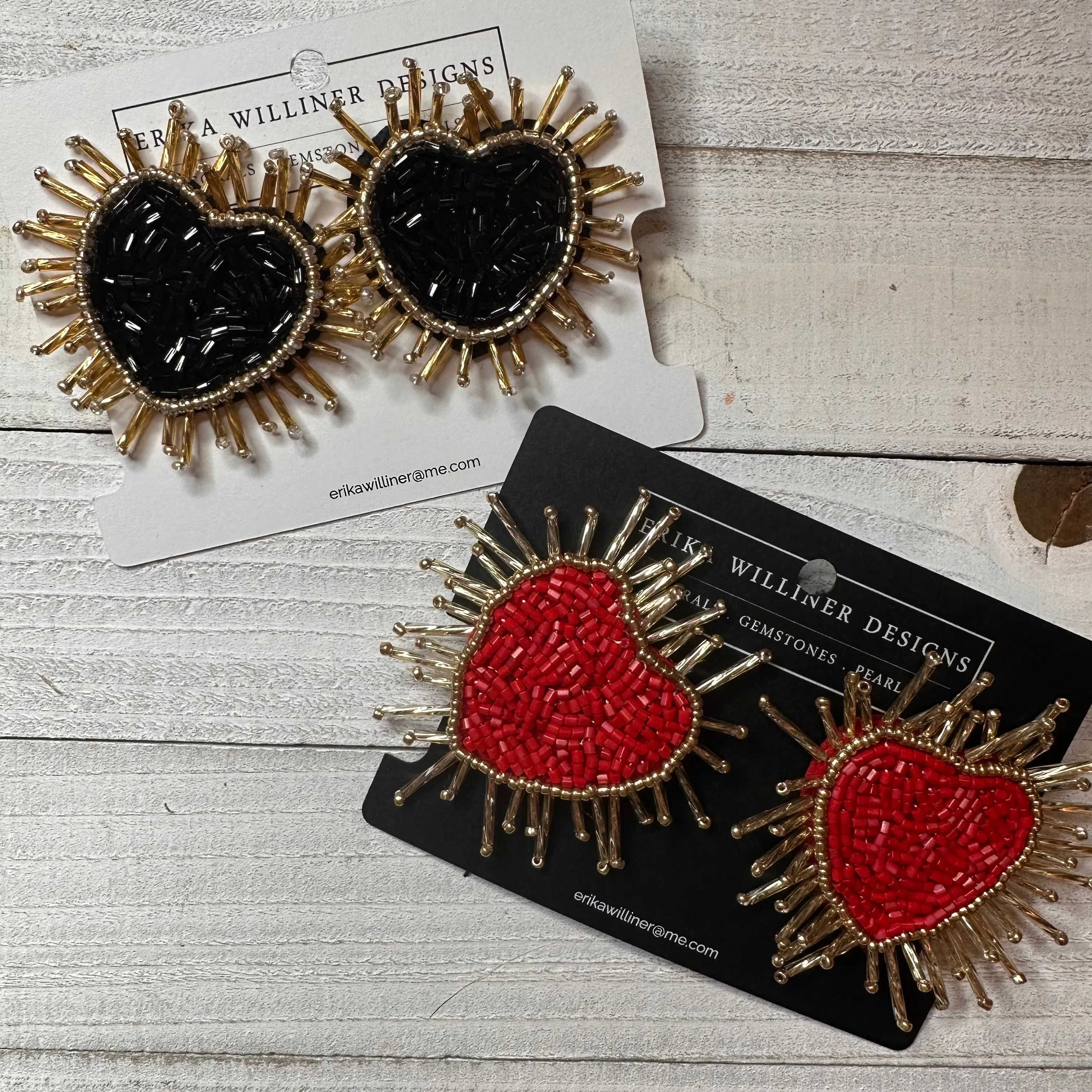 Radiating Beaded Heart Earrings with Gold Border 230-10 | Erika Williner Designs