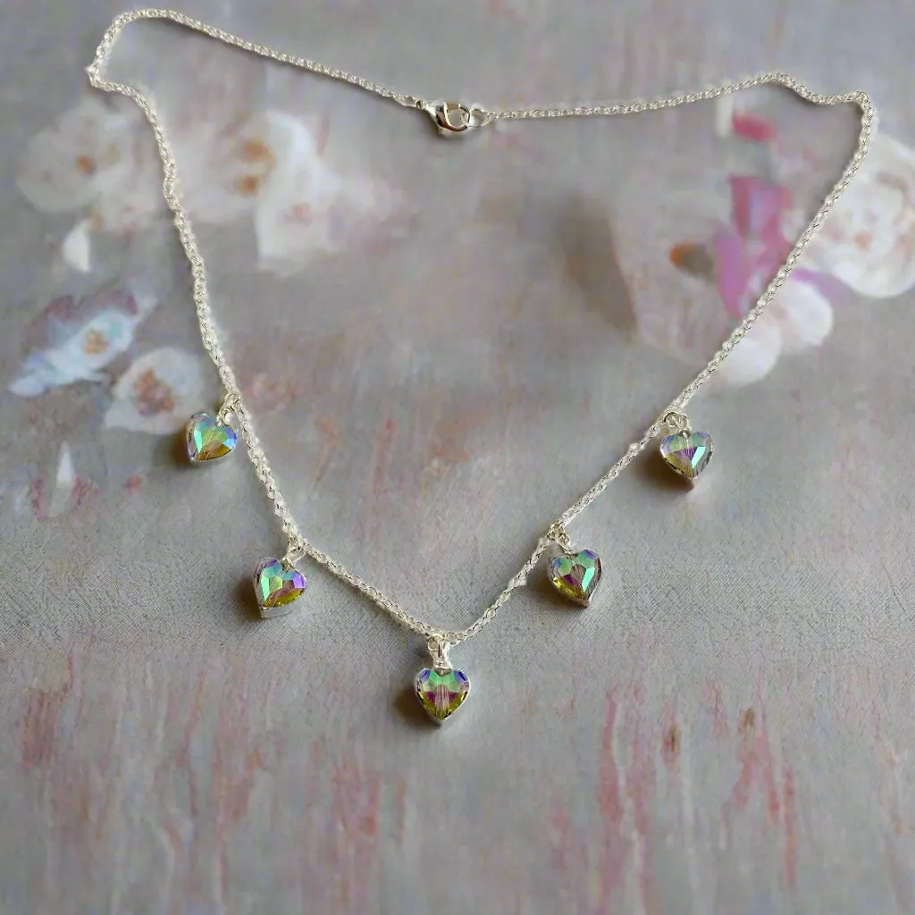 Rainbow Prism Crystal Heart Necklace Sterling Silver