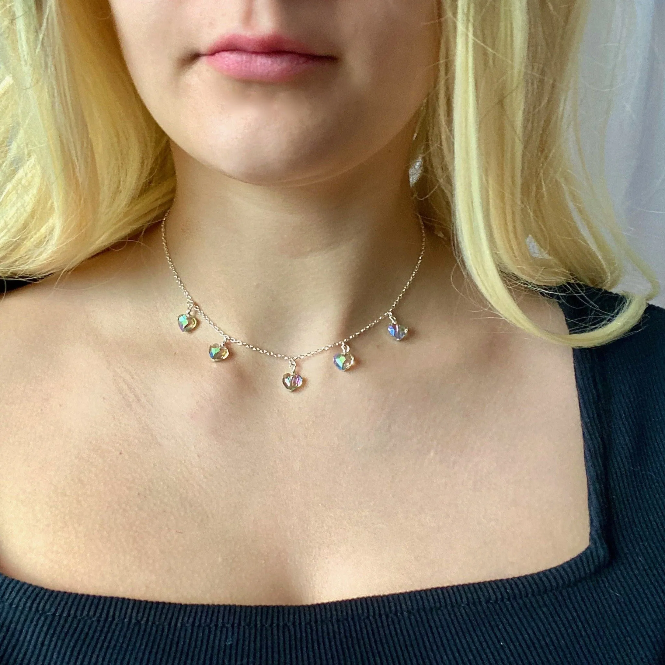 Rainbow Prism Crystal Heart Necklace Sterling Silver