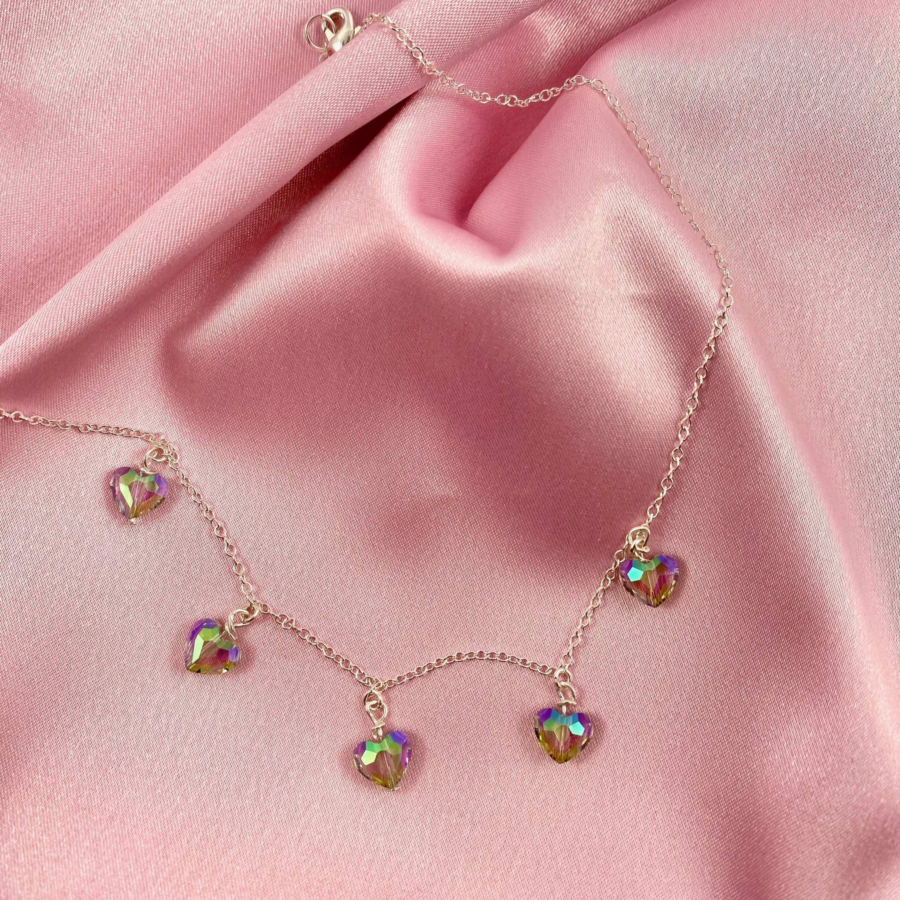 Rainbow Prism Crystal Heart Necklace Sterling Silver