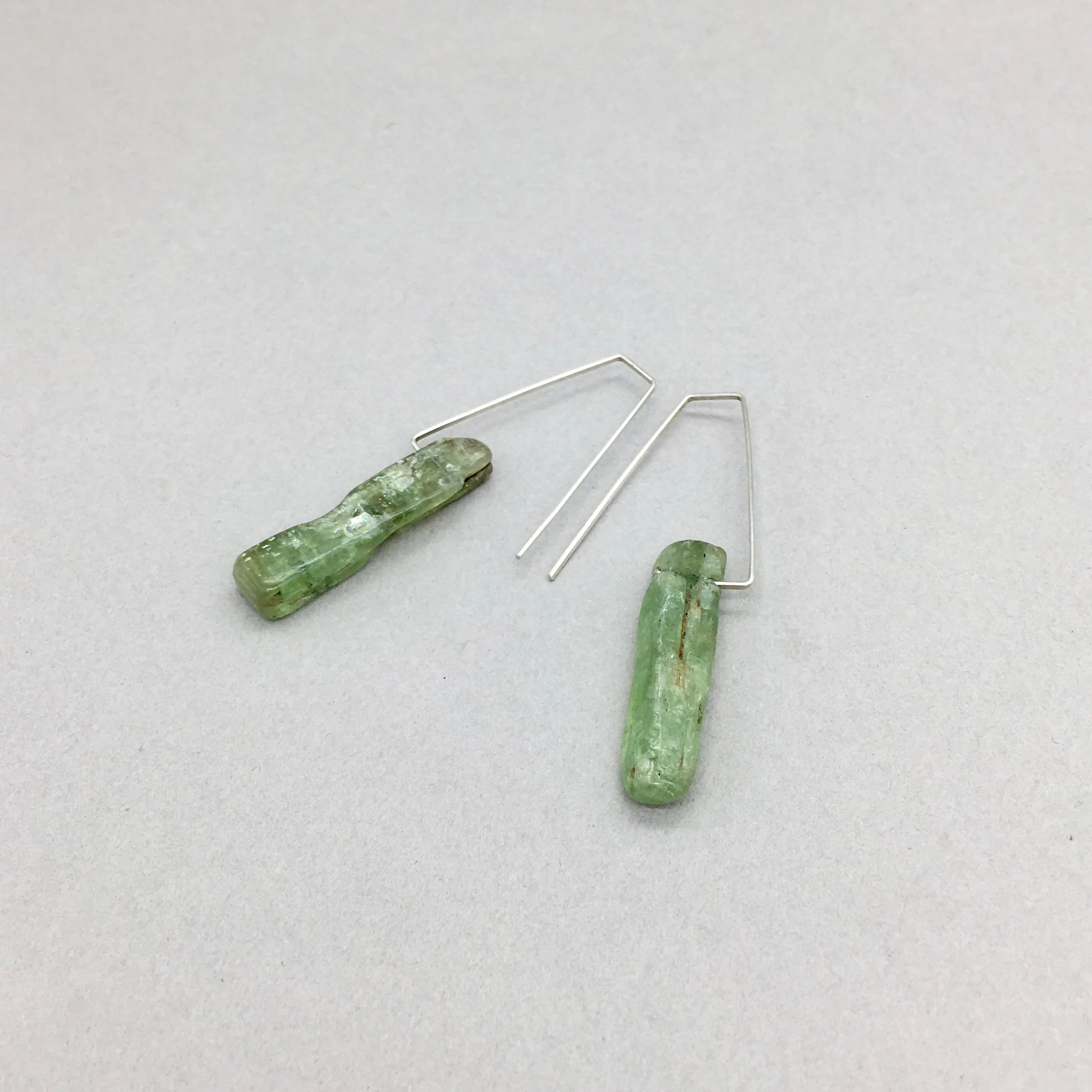 Raw Green Kyanite Geometric Earrings with Sterling Silver, Handmade