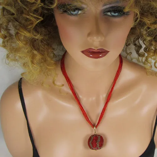 Red Twisted Seed Bead Necklace with Pendant