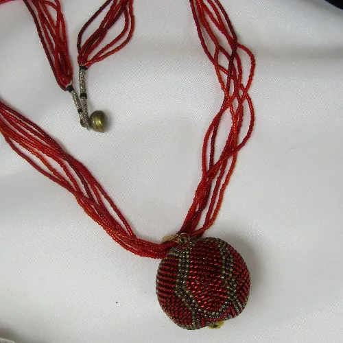 Red Twisted Seed Bead Necklace with Pendant