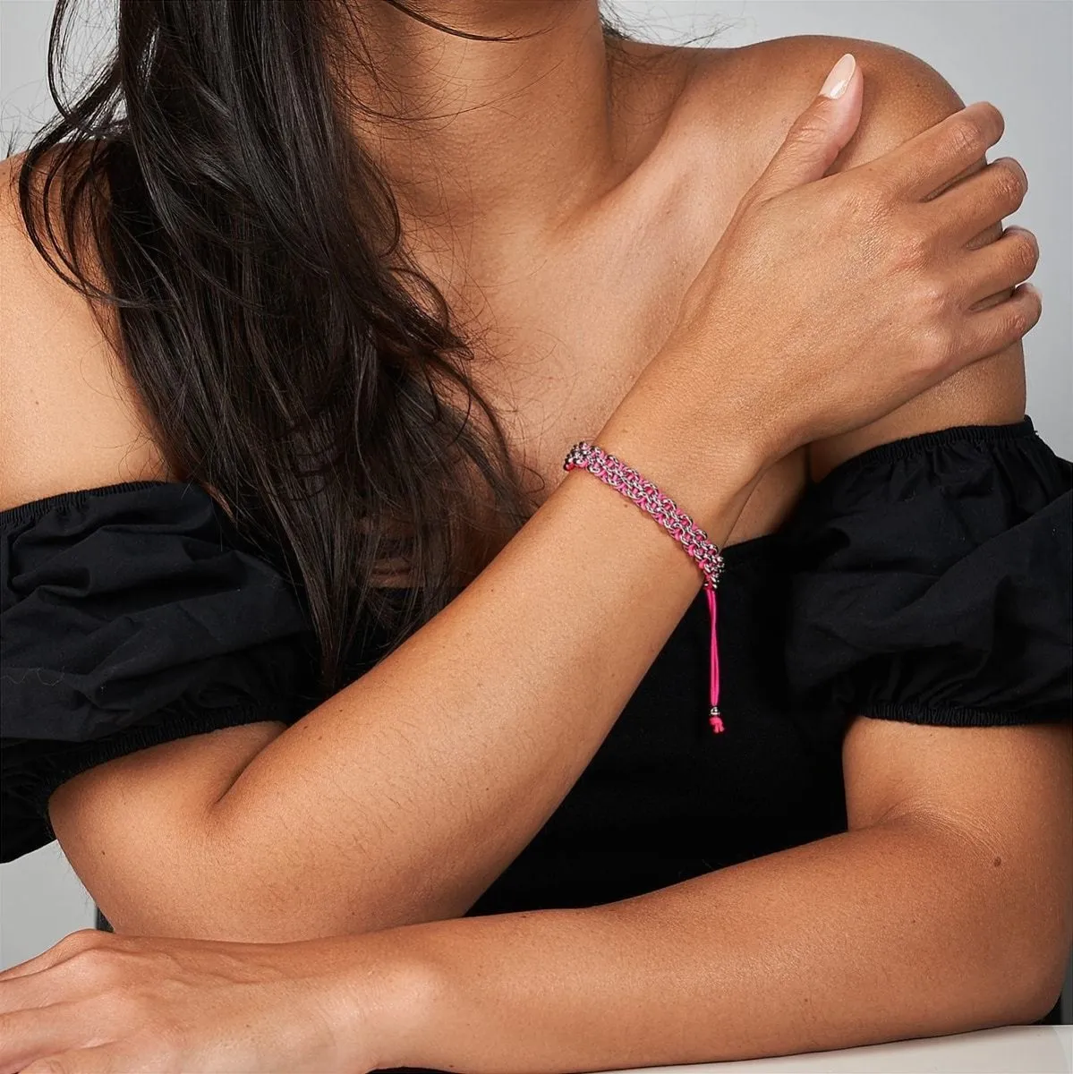 Roseate Spoonbill Links | Mini Kismet Bracelet | Neon Pink x Silver