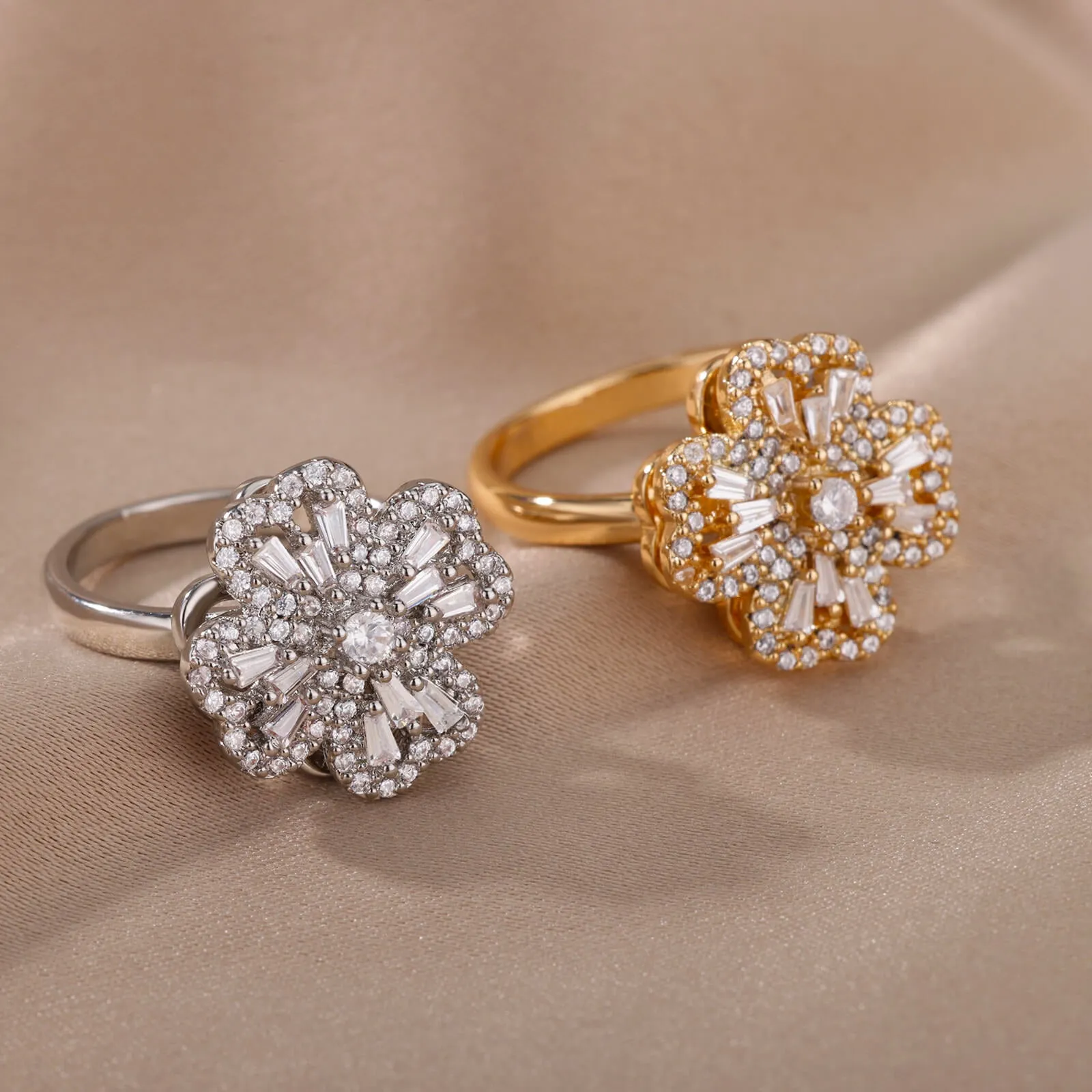 Rotating Four Clover Adjustable Rings Stainless Steel Wedding Ring