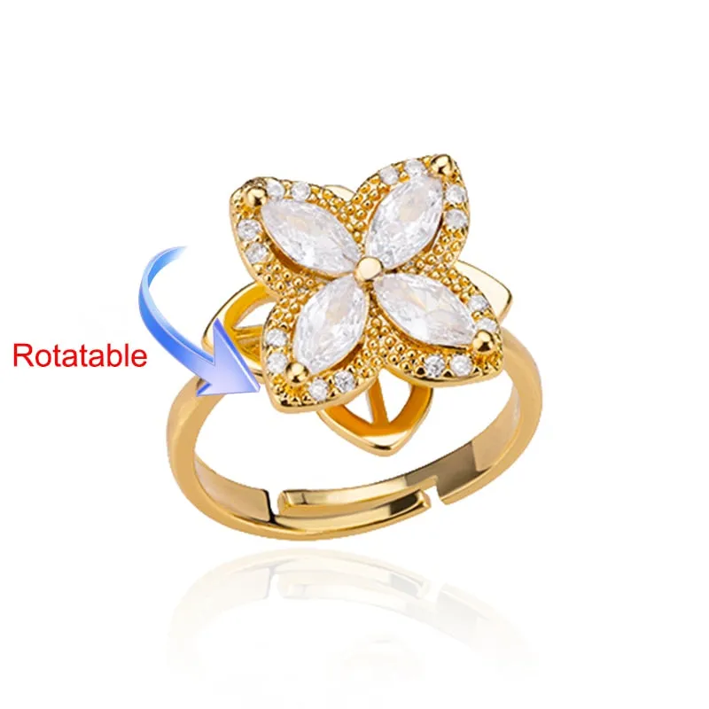 Rotating Four Clover Adjustable Rings Stainless Steel Wedding Ring