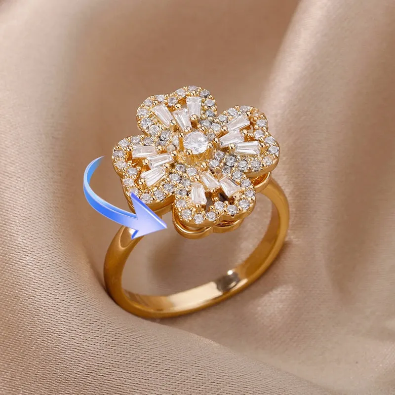 Rotating Four Clover Adjustable Rings Stainless Steel Wedding Ring