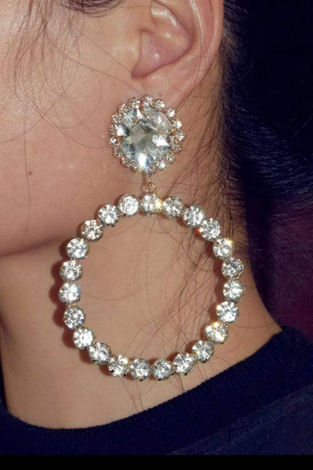 Round Stud Rhinestone Hoop Drop Earrings