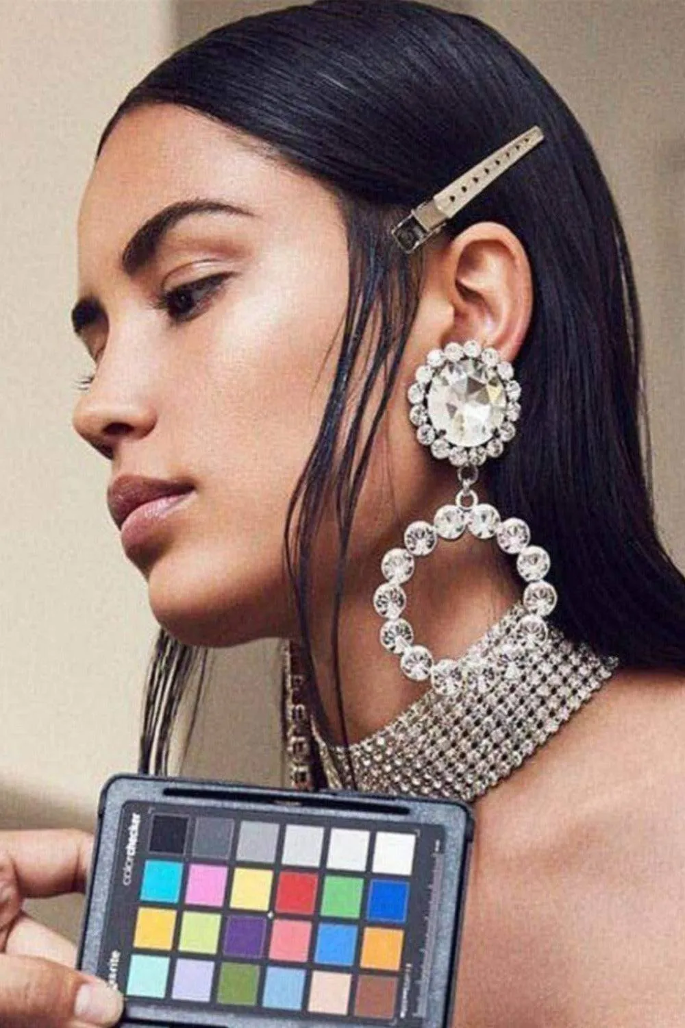 Round Stud Rhinestone Hoop Drop Earrings