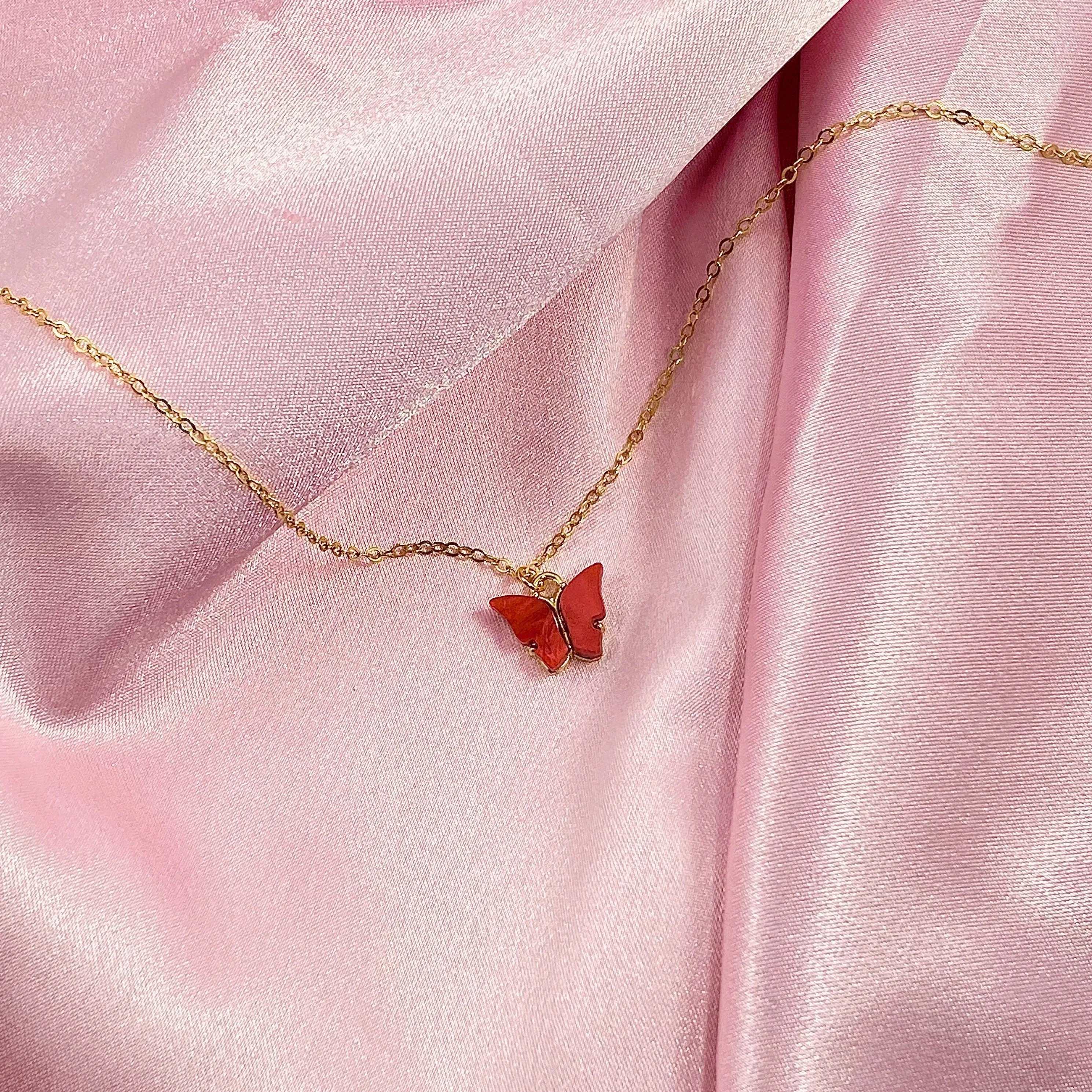 Ruby Red Pearl Butterfly 14K Gold Necklace