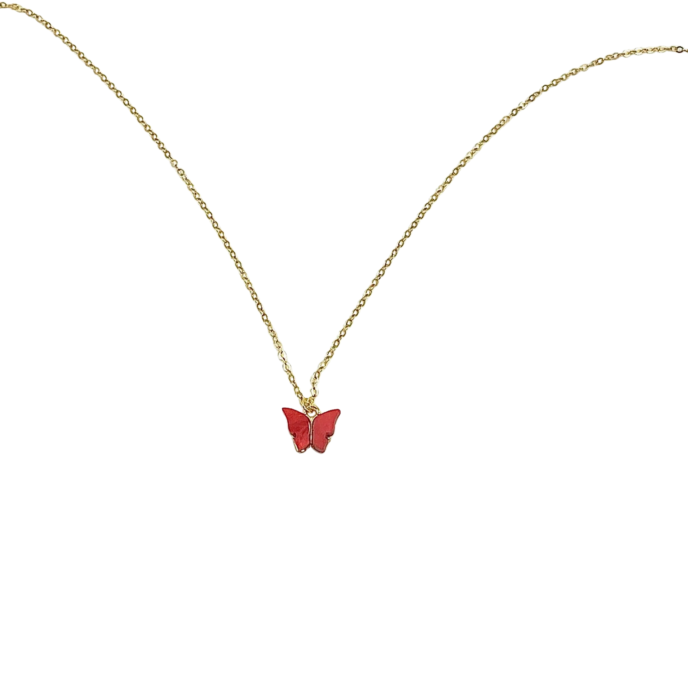 Ruby Red Pearl Butterfly 14K Gold Necklace