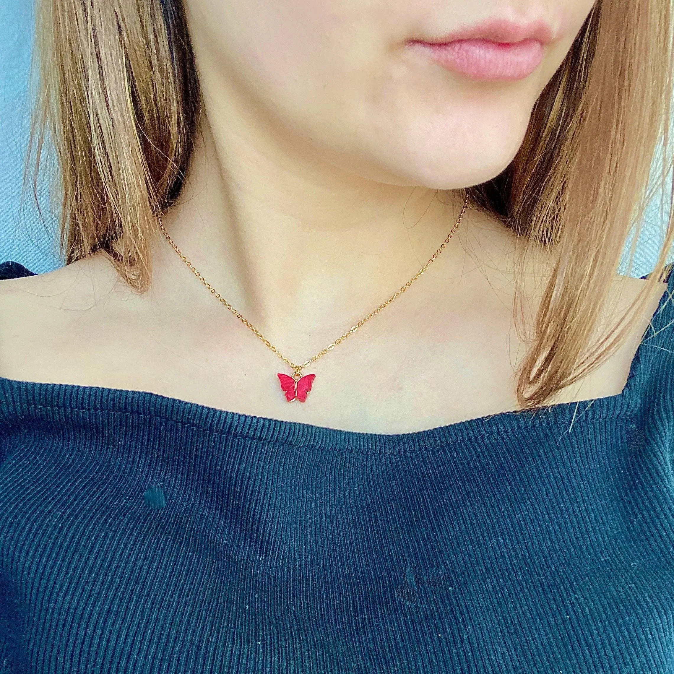 Ruby Red Pearl Butterfly 14K Gold Necklace