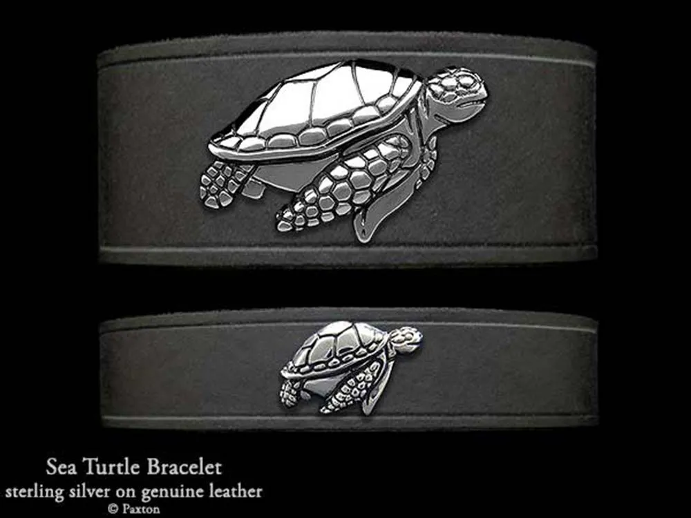Sea Turtle Bracelet Sterling Silver on Genuine Leather