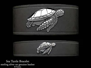 Sea Turtle Bracelet Sterling Silver on Genuine Leather