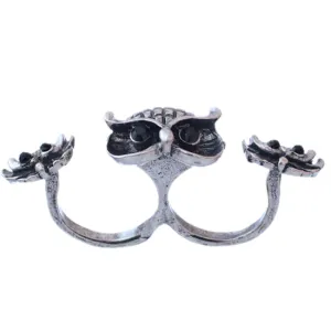 Silver Black Hoot Owl Double Cuff Finger Ring