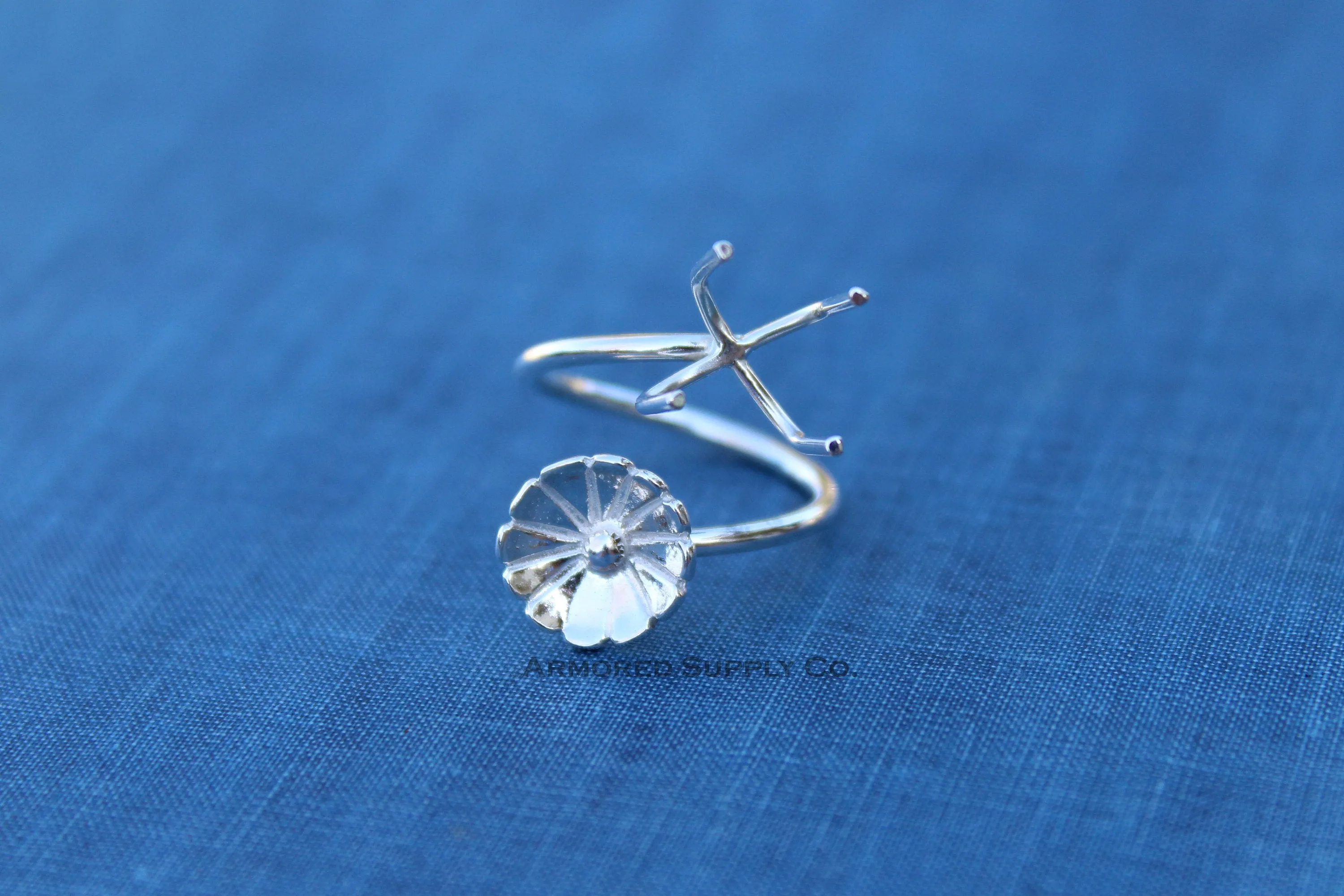 Silver Flower Adjustable Claw Prong Ring blank