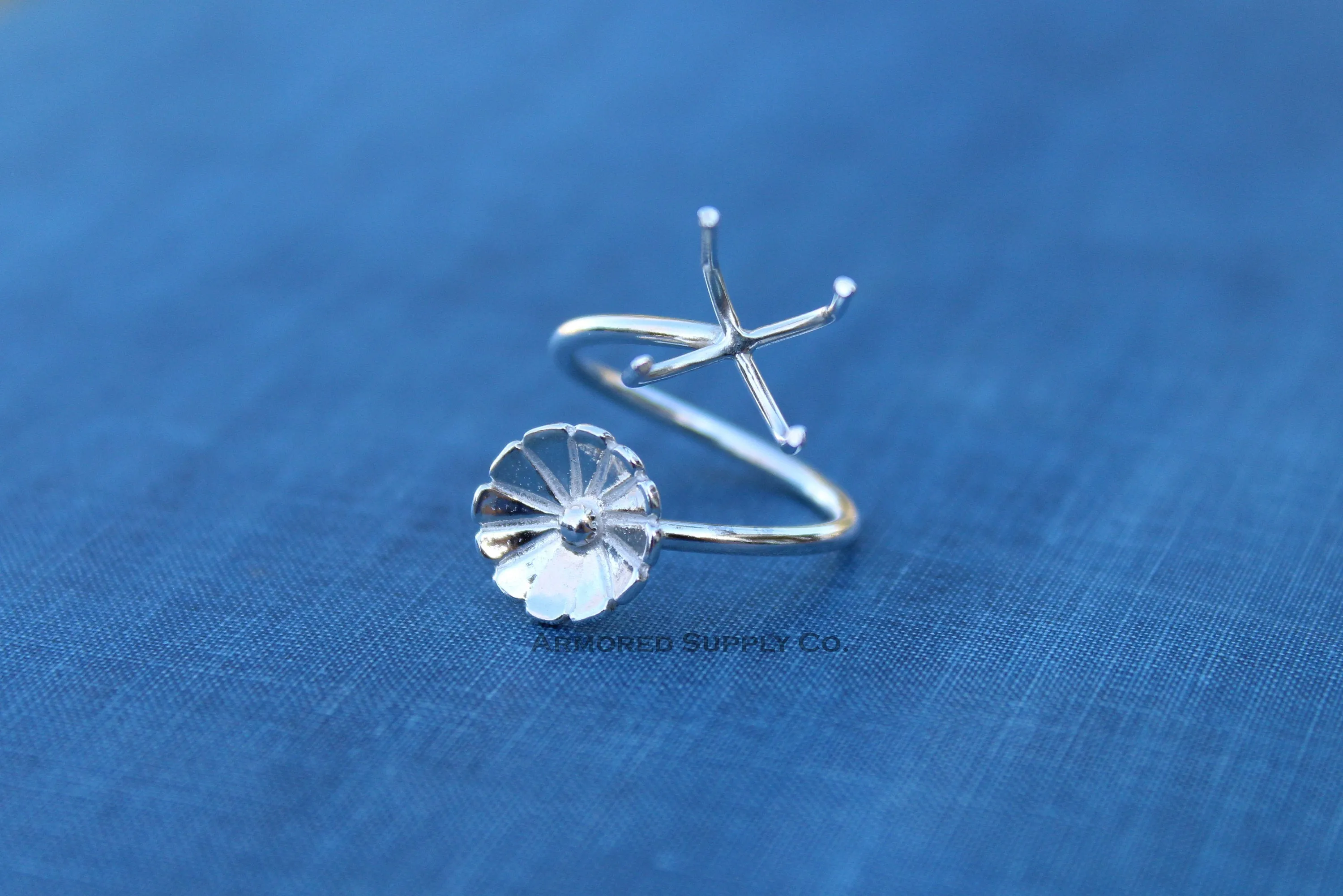 Silver Flower Adjustable Claw Prong Ring blank