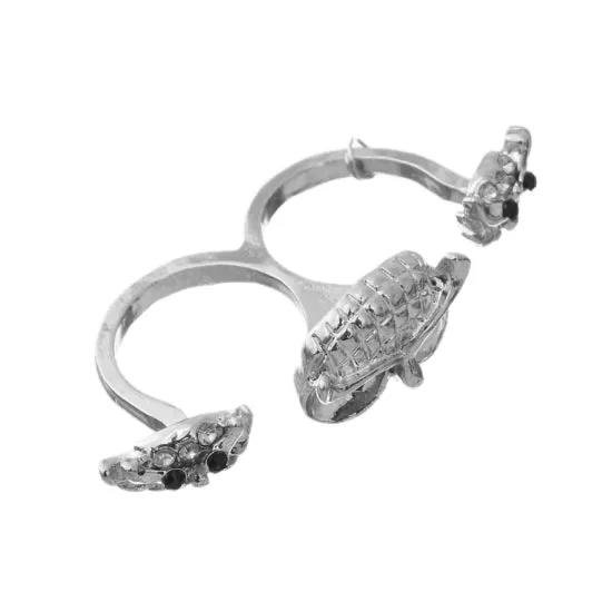 Silver Hoot Owl Double Cuff Finger Ring