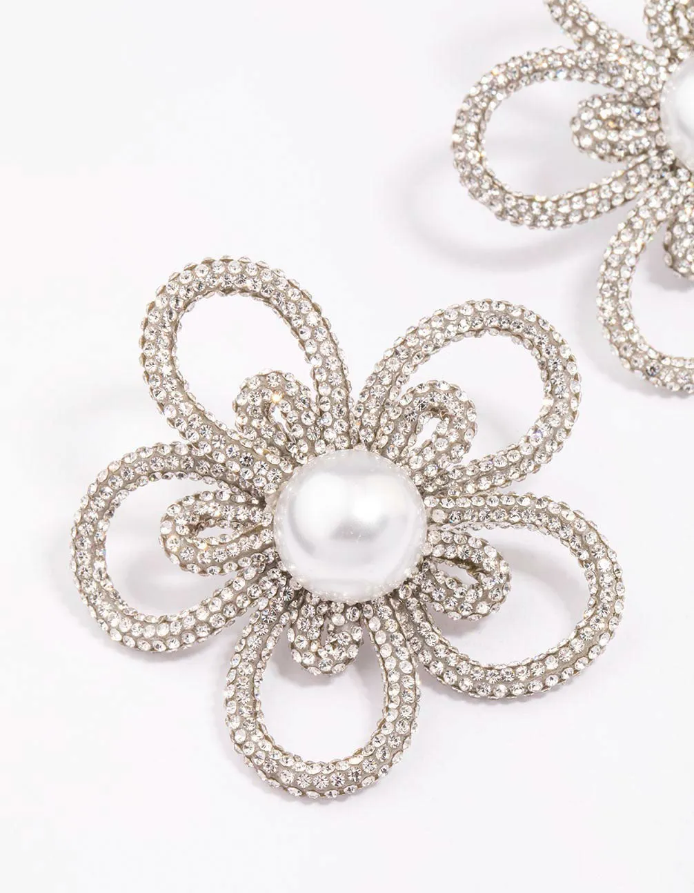 Silver Pearl Flower Statement Stud Earrings