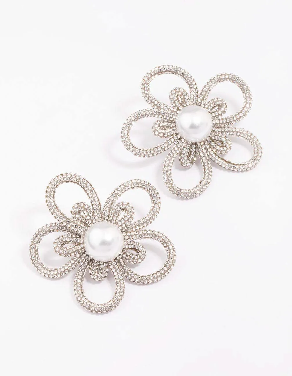 Silver Pearl Flower Statement Stud Earrings