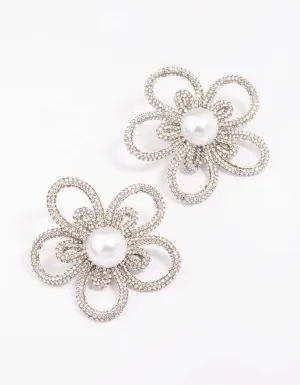 Silver Pearl Flower Statement Stud Earrings