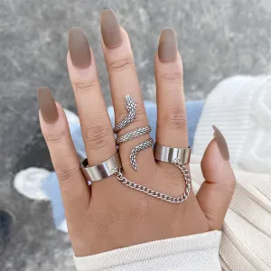 Silver-Plated Chain Two-Finger Band & Snake Bypass Ring