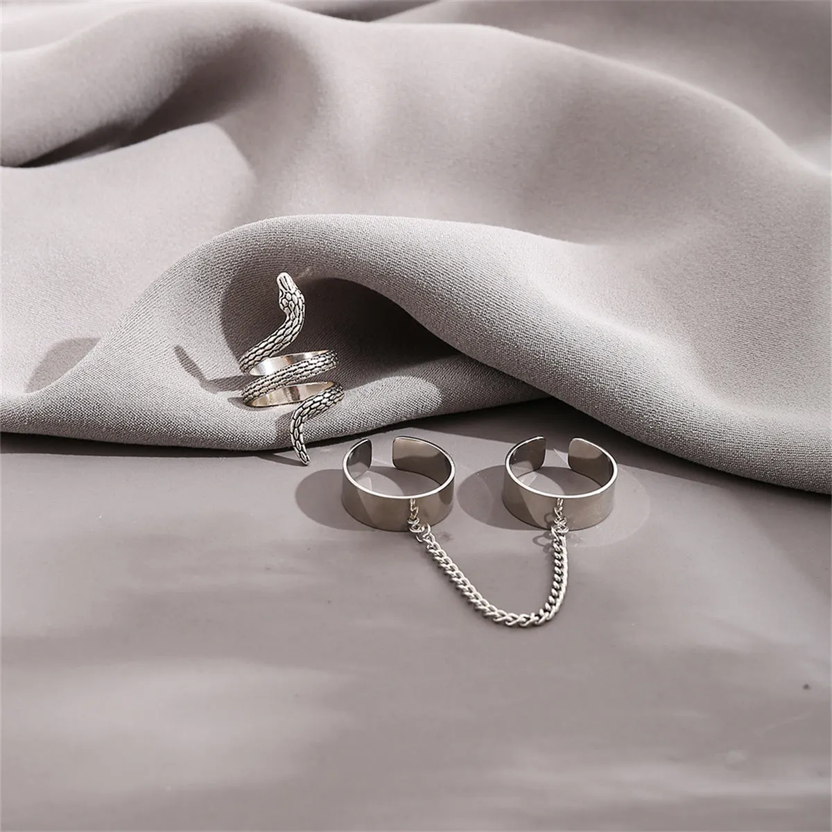 Silver-Plated Chain Two-Finger Band & Snake Bypass Ring