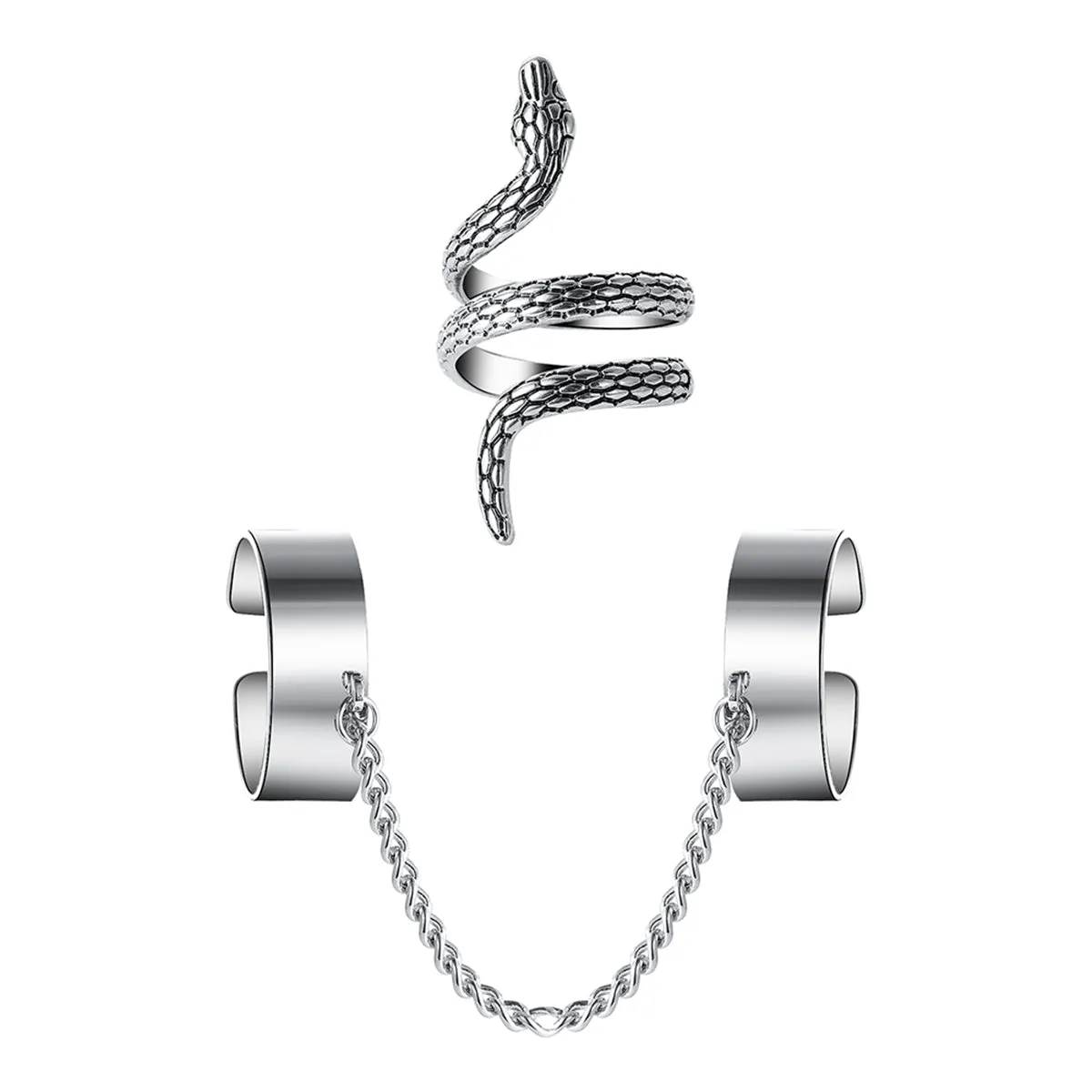 Silver-Plated Chain Two-Finger Band & Snake Bypass Ring