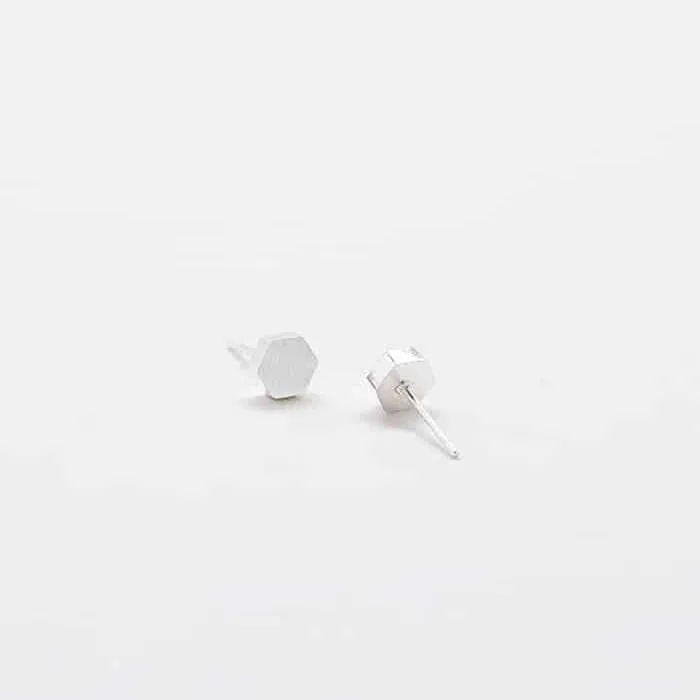 Silver Solid Hexagon Stud Earrings - Imperfect