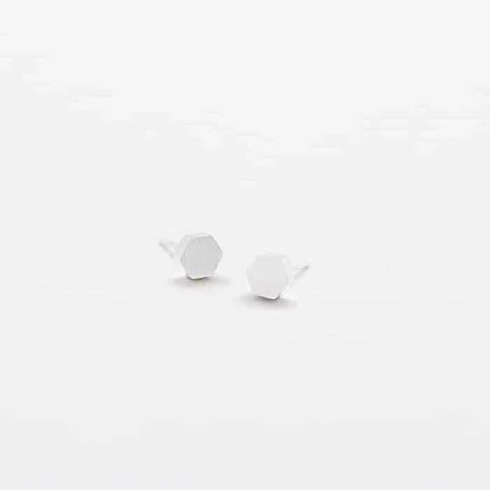 Silver Solid Hexagon Stud Earrings - Imperfect