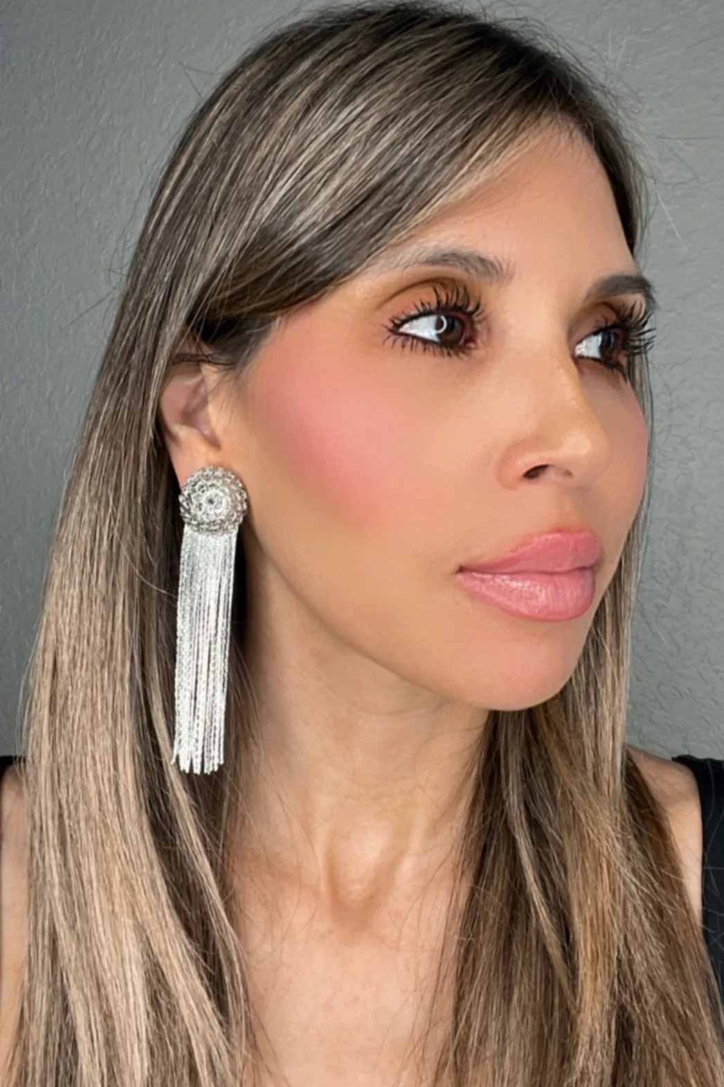 Silver Sphere Long Fringe Clip On Earring