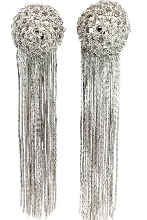 Silver Sphere Long Fringe Clip On Earring