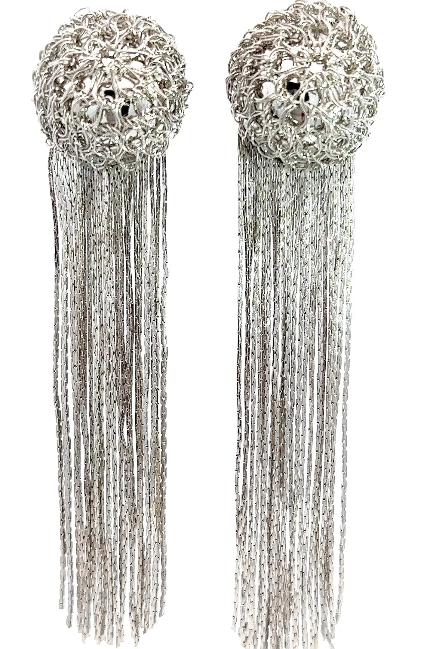 Silver Sphere Long Fringe Clip On Earring