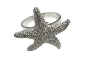 Silver Toned Textured Starfish Adjustable Size Fashion Ring