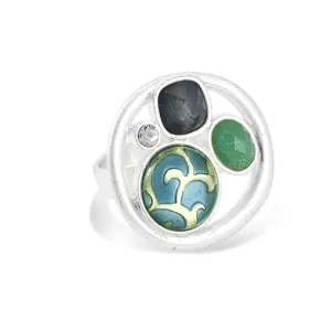 SILVER TURQUOISE AND CRYSTAL ADJUSTABLE TO SIZE 7 RINGS #230BL5201 (1F14)