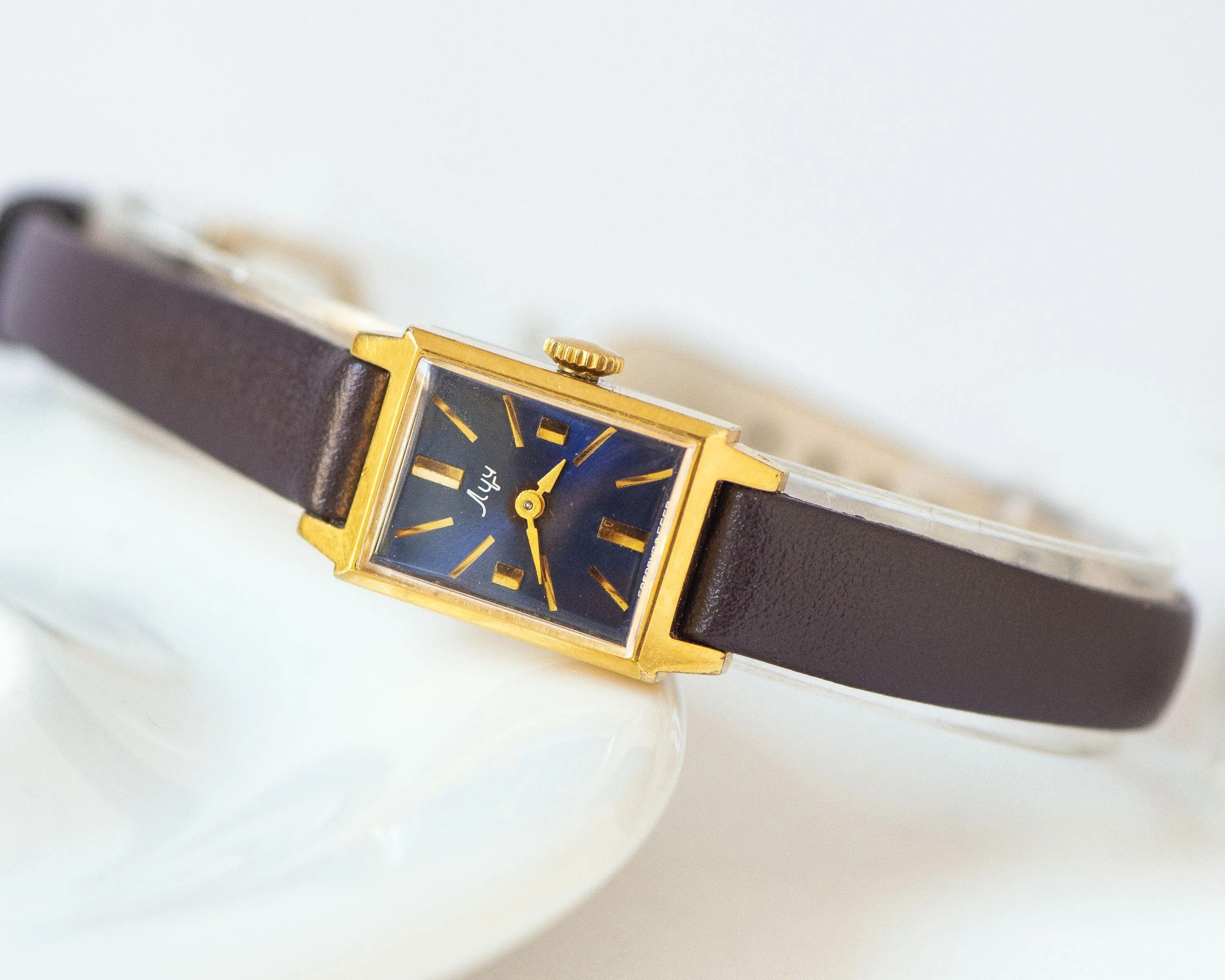 Small women watch rectangular Ray gold plated, navy blue dial women watch vintage gift, lady watch minimalist, new premium leather strap