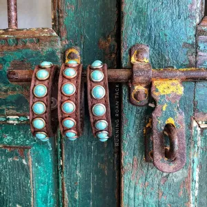 Stackable Set of Brown Bracelets with Dots and Veined Turquoise Stones with Copper Rims, Brass Rims and Antique Silver Rims