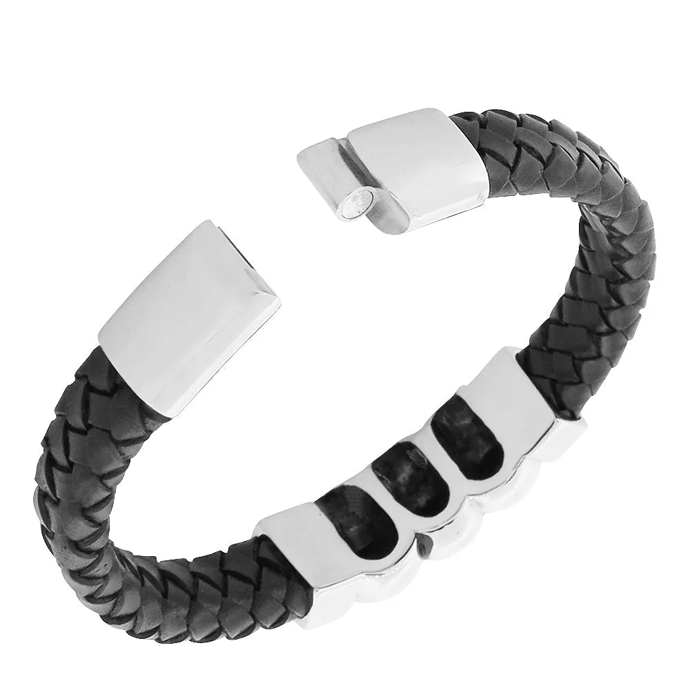 Stainless Steel Black Leather Silver-Tone Skull Mens Wristband Bracelet