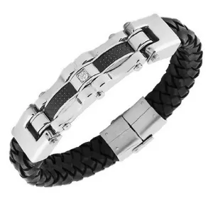 Stainless Steel Black Leather White CZ Silver-Tone Men's Bracelet