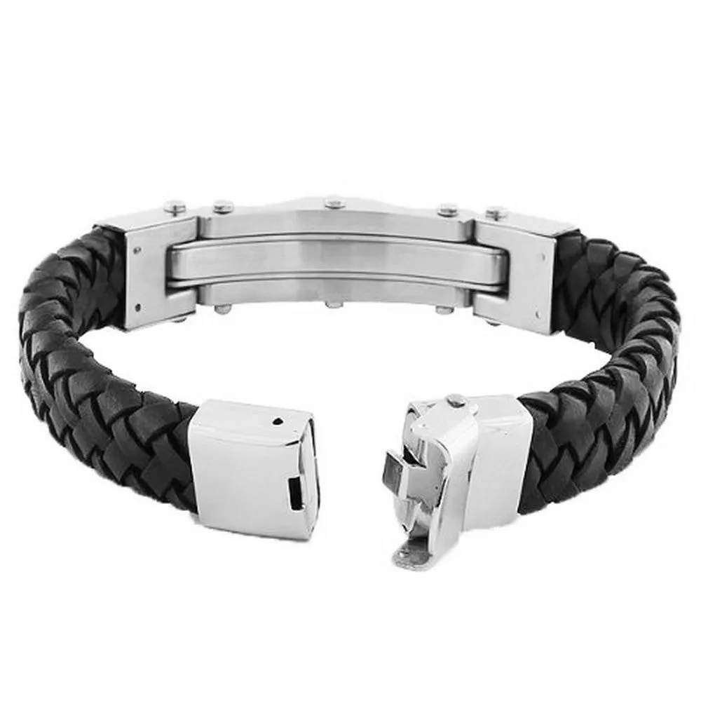 Stainless Steel Black Leather White CZ Silver-Tone Men's Bracelet
