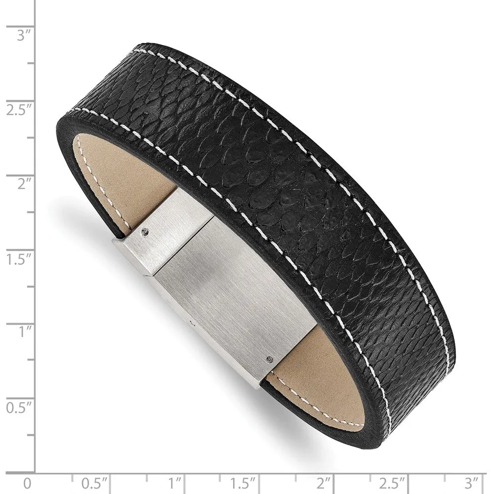 Stainless Steel Brushed Black Leather Bracelet