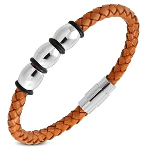 Stainless Steel Silver-Tone Orange Leather Braided Wristband Bracelet, 8"