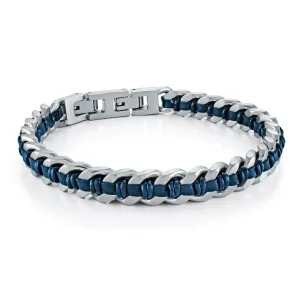 Steel Matte Curb Link Blue Leather Bracelet