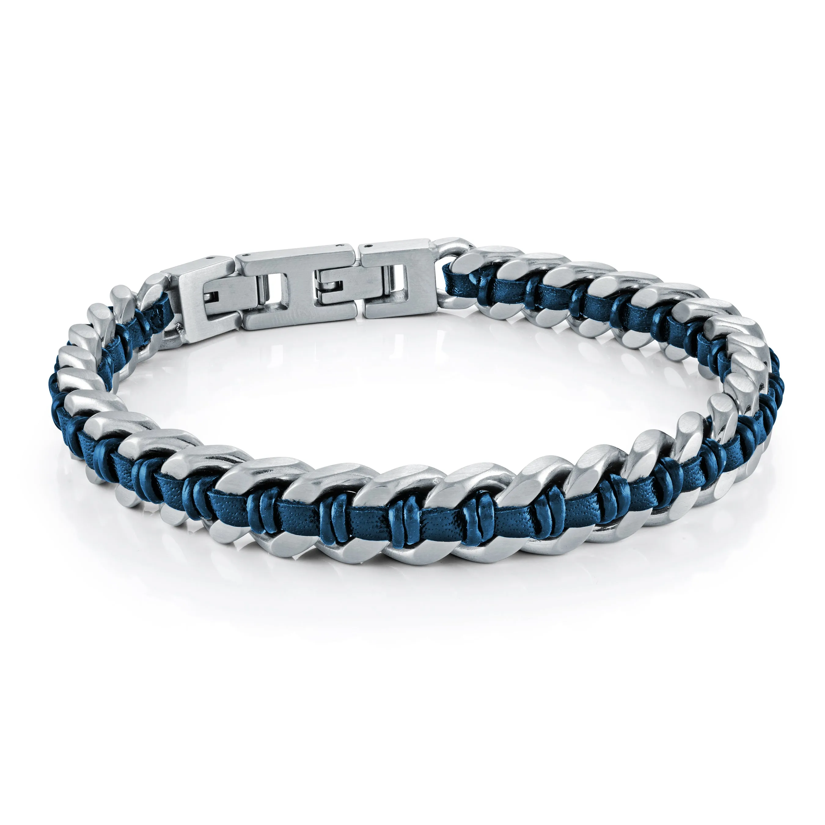 Steel Matte Curb Link Blue Leather Bracelet