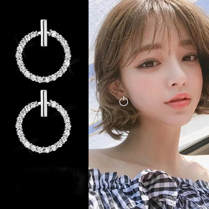 Sterling Silver Crystal Rhinestone Geometric Round Stud Earrings