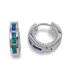 Sterling Silver Modern Hoop Mosaic Hinge Geometric Earrings Blue Synthetic Opal